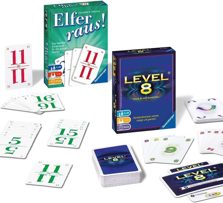 Kartenspiele (4), z.B. Ravensburger Bundle - Elfer raus! + Level 8 [weitere: Dodelido | Kakerlakensalat | Jäger der Nacht | Prime]