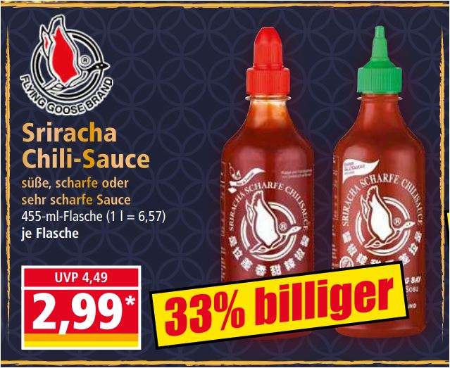 Sriracha Chili-Sauce, süße bis sehr scharfe Sauce in der 455-ml-Flasche für 2,99 Euro [Norma]
