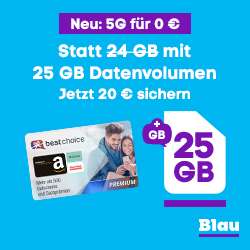 O2 Netz: Blau.de Allnet/SMS Flat 25GB 5G für 9,99€/Monat, 0€ AG, 20€ BestChoice Gutschein inkl. Amazon