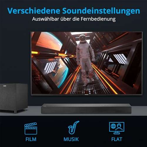 MEDION Soundbar 3.1 mit Dolby Atmos S61022 | kabellosen Subwoofer + Fernbedienung | BT 5.3, HDMI eARC, CEC, optischer + AUX | 3 x 20W + 60W