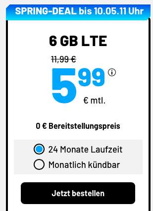 [SIM-Only Drillisch] 6GB LTE Datenvolumen + Allnet + SMS-flat + VoLTE & WLAN Call für 5,99€ monatlich o. 11GB + Allnet für 9,99€
