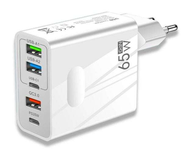 65 W 5-Port USB PD Lader - 3 x USB + 2 x PD Schnellladung, GaN Tech. - Weiß oder Schwarz