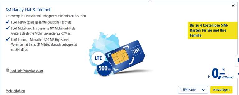 1&1 Bestandskunden: max. 5 SIM Karten mit Flat ins Festnetz und 1&1 Netz + 500 MB einmalig 9,90€ zum DSL Vertrag