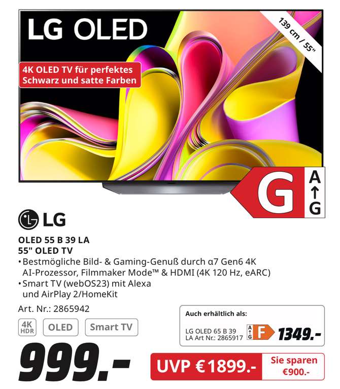 LG OLED55B39LA OLED TV (Flat, 55 Zoll / 139 cm, UHD 4K,Oled, SMART TV,  120hz, webOS 23 mit LG ThinQ) | mydealz