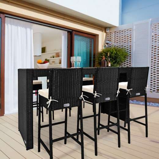 Polyrattan Bar-Set 7-tlg. Akazienholz inkl. Sitzauflagen | 6x Stühle | 1x Tisch | 6 Sitzauflagen | 3x Akazienholz Tischplatten