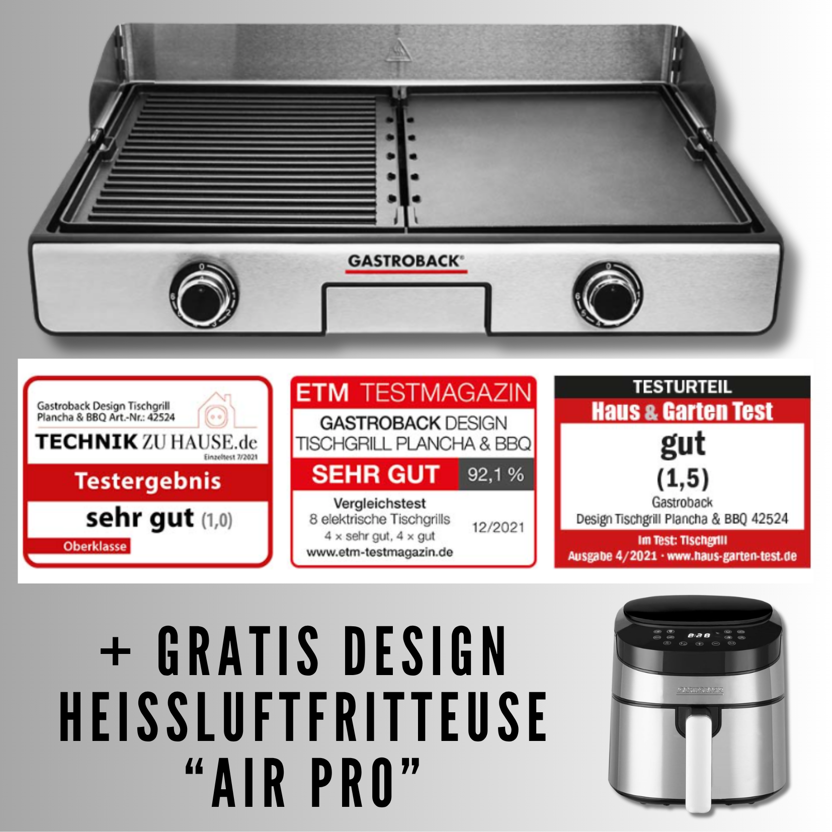 Gastroback Design Tischgrill Plancha & BBQ + gratis Air Pro Heißluftfritteuse | 2000 W, 1300 cm² große, getrennt nutzbare Grillflächen