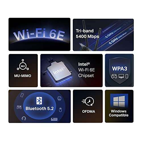 MERCUSYS MA86XE PCIe AXE5400Mbps WiFi 6E Bluetooth 5.2, Chipsatz Intel Wi-Fi 6E, WPA3, MU-MIMO, OFDMA, WLAN-Karte, Tri-Band Geschwindigkeit