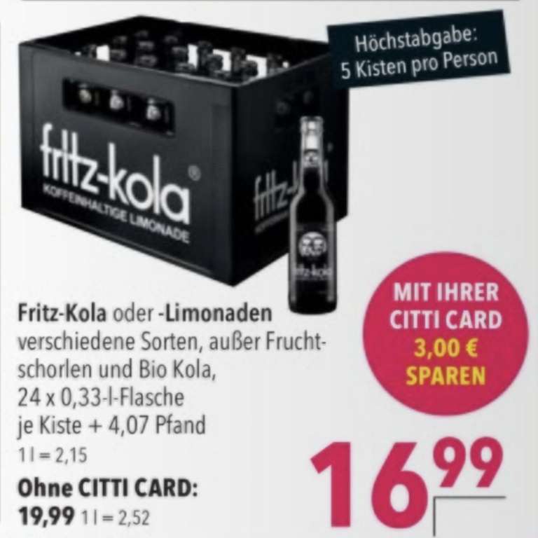 Citti Markt Fritz - Kola / Limonade 16,99€ mit Citti Card, max 5 Kisten