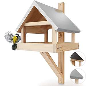 Vogelhaus mit wetterfestem Metall-Dach aus Massiv-Holz, Wandvogelfutterhaus, Vogelfutterhaus, für Balkon / Garten