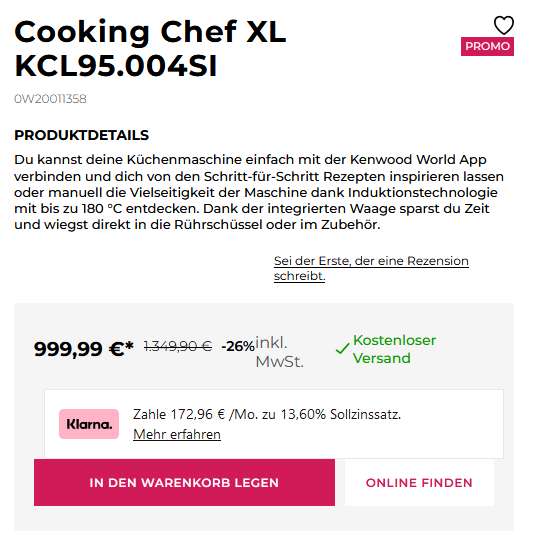 KENWOOD Cooking Chef XL KCL95.424SI [CB] | +80€ Cashback & Shoop mögl.