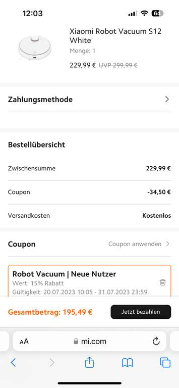 Xiaomi Robot Vacuum S12 für 195,49 € durch 15 % Rabattcoupon - evtl. personalisiert