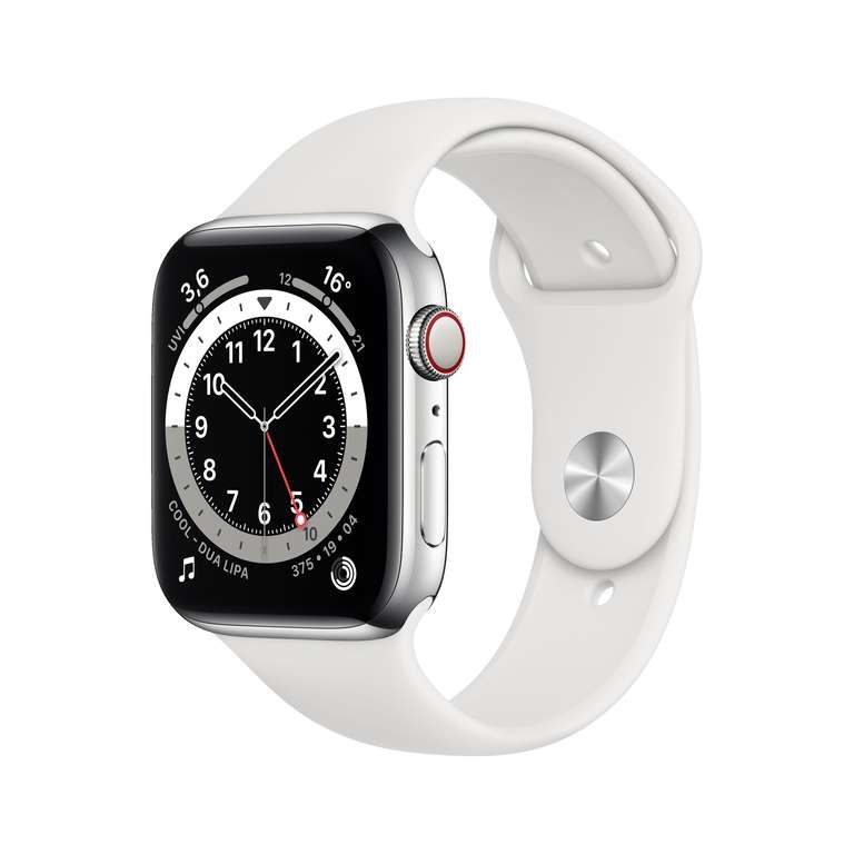 APPLE Watch Series 6 (GPS + Cellular) 44mm Smartwatch Edelstahl Fluorelastomer, 140 - 210 mm, Armband: Weiß, Gehäuse: Silber