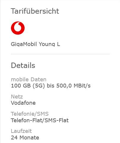 Vodafone Netz, U28, Sim Only: GigaMobil Young L Gigakombi Allnet/SMS Flat 105GB 5G für effektiv 11,01€ monatlich durch Bonus