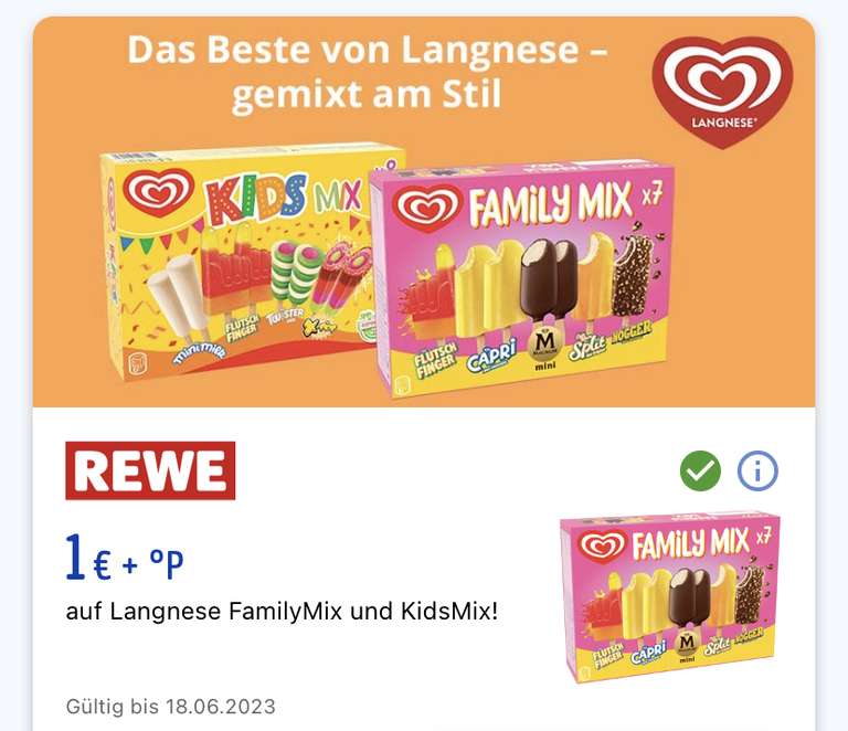 [Rewe & Personalisiert] 1€ Rabatt + Punkte auf Langnese FamilyMix und KidsMix