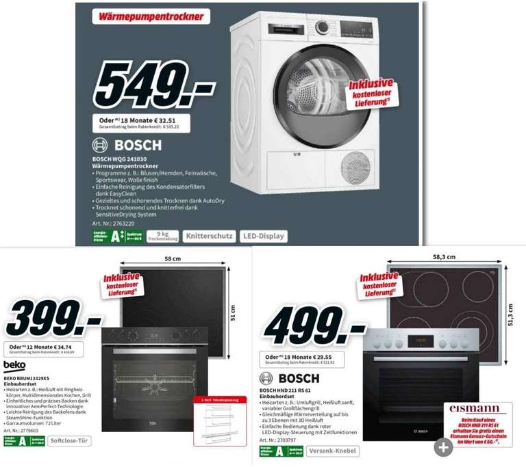 [Mediamarkt] Bosch WQG241030 9kg Wärmepumpentrockner Easy Clean / Bosch Einbauherdset HND211RS61 499€ / Beko Einbauherdset BBUM13329XS 399€