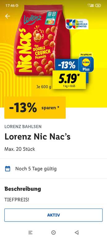 LIDL Plus App - Lorenz Nic Nac's - 600 g [1kg = 8,65€]