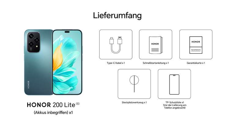 Honor 200 Lite 8/256GB & Honor Super Charger 66W & Honor Band 7 ODER Honor Earbuds X5 für 300,90€