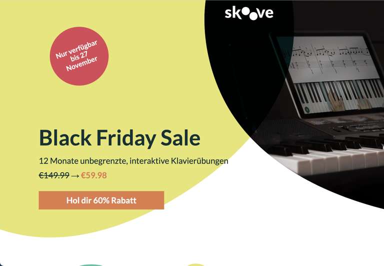 Skoove Online Klavier Klavierkurse bis 60% Rabatt - 1Jahr für 59.98€ anstatt 149.99€ - Klavierlernen Piaono Keyboard Kurse Musikmachen