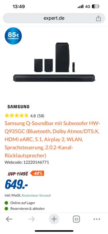 Samsung HW-Q935GC abzgl. 85 € Cashback durch Samsung effektiv 564 €