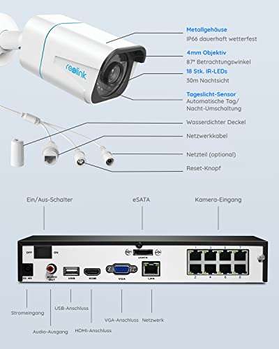 [Amazon.de] Reolink - RLK8-810B6-A | 4K Überwachungskamera Aussen Set mit 6X 8MP PoE IP Outdoor Kamera, 8CH , 2TB HDD NVR