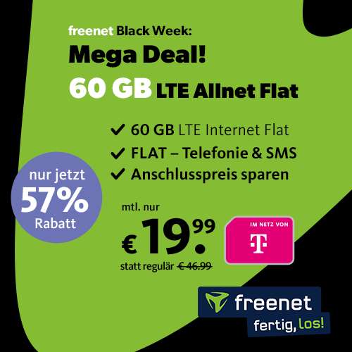 [Telekom-Netz] 60 GB freenet Telekom LTE Tarif für 19,99€ / Monat mit 50 Mbit/s + VoLTE, WLAN Call & Allnet- & SMS-Flat & 0,00€ AG