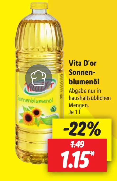 [Lidl] Vita D'or Sonnenblumenöl 1L für 1,15€ ab Mittwoch 27.03.