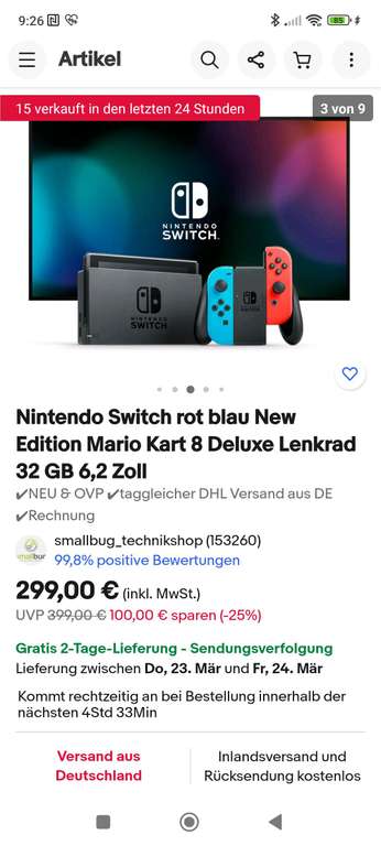 Nintendo Switch rot blau New Edition Mario Kart 8 Deluxe Lenkrad 32 GB 6,2 Zoll