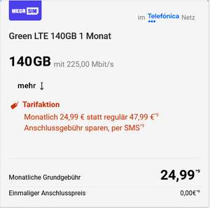 O2 Netz, Sim Only: Allnet/SMS Flat 140GB LTE bis 225Mbit/s für 24,99€/Monat, 0€ AG, monatlich kündbar