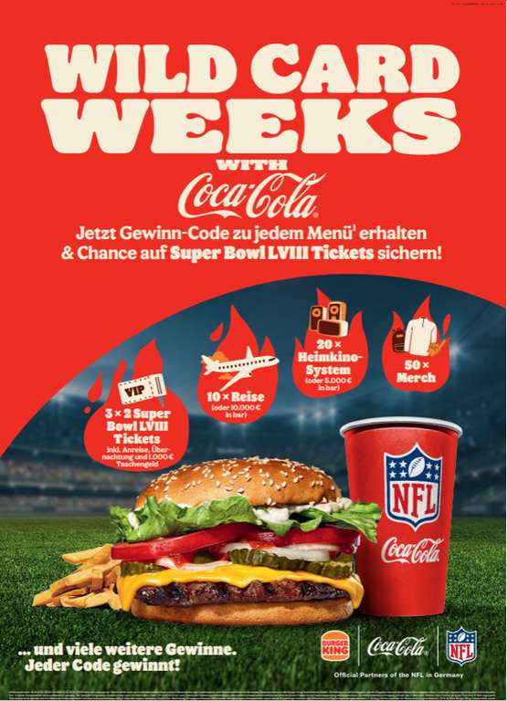 NFL WILD CARD weeks Promo bei Burger King zu jedem Menü - JEDER Code gewinnt!