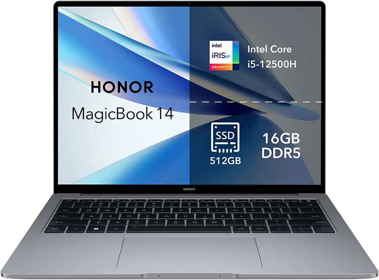 Honor MagicBook 14 2022 Laptop + Zugabe (14", 2160x1440, 300nits, i5-12500H, 16/512GB, USB-C DP, HDMI, 76Wh, Win11, Alu-Gehäuse, 1.54kg)