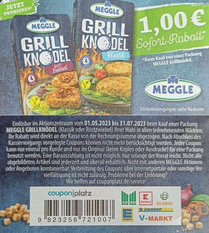 1€ Rabatt für den Kauf einer Packung Meggle Grillknödel bis 31.07.2023