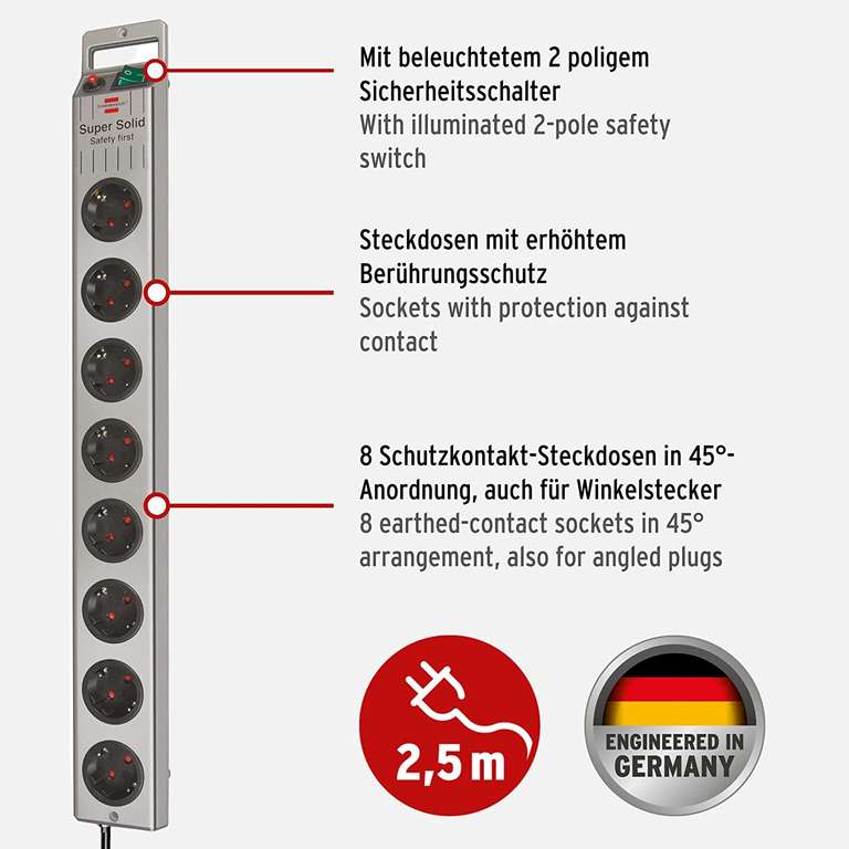 3x Brennenstuhl Super Solid Line Überspannungsschutz-Steckdosenleiste (je 8x Schuko in 45°-Anordnung, Sicherheitsschalter, 2.5m Kabel)