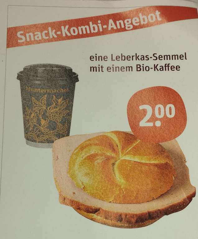 Lokal München Tegut... HBF Leberkas-Semmel mit Kaffee für 2 Euro