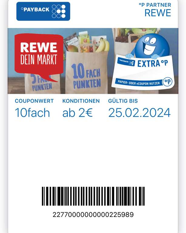 [Payback] 10fach Punkte für Rewe ab 2€ Einkaufswert | gültig bis zum 25.02.2024