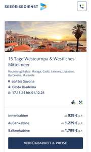 15 Tage Westeuropa & Westliches Mittelmeer Kreuzfahrt mit der Costa Diadema ab Savona ab 1858€ für 2 Personen (929€ p.P.)
