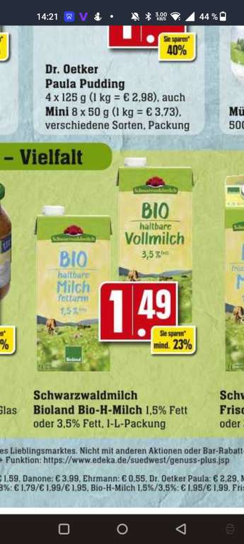 Schwarzwaldmilch Bioland Frische oder Haltbare Bio Milch 3,8%/1,5% für 99 Cent pro 1l-Packung (Angebot + Coupon) [Edeka & Marktkauf Südwest]