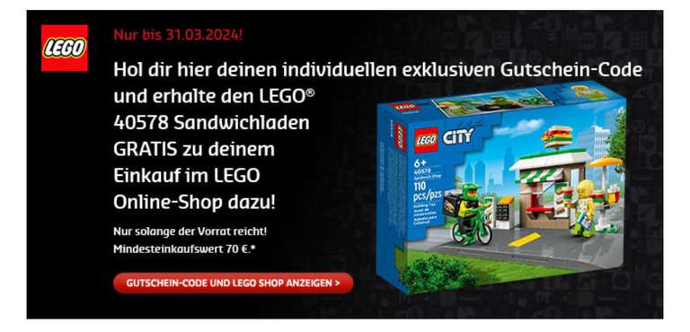 GRATIS LEGO 40578 Sandwichladen ab 70€ Bestellwert bei Lego.de