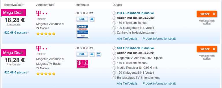 [Telekom über preisvergleich.de] 230€ Cashback auf alle DSL+Festnetz Tarife & 320€ Cashback auf alle DSL+Festnetz+TV Tarife