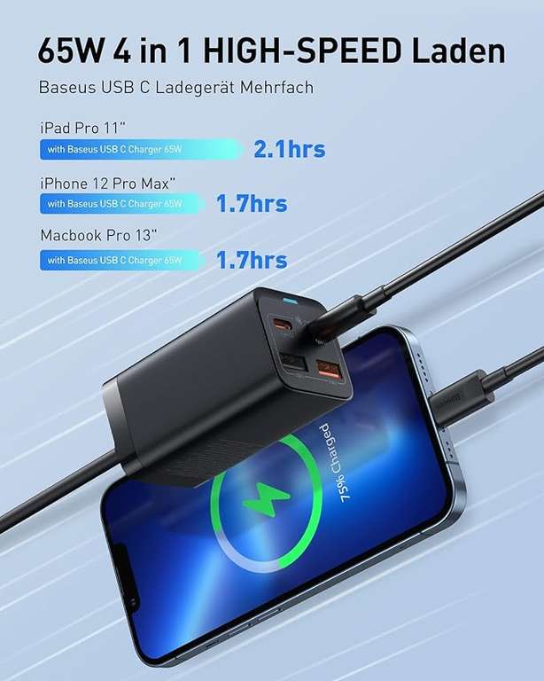 Baseus 65w High-Speed GaN 3 4-in-1 Schnellladegerät [2 x USB-C + 2 x USB]