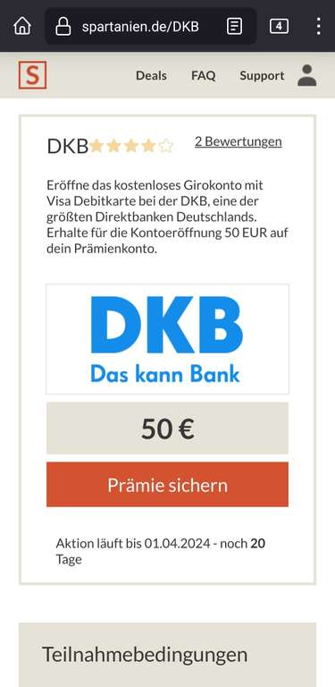 Spartanien + DKB 50 € Prämie für reine Kontoeröffnung
