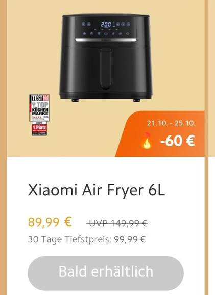 6L Watt 1500 Mi.com] Xiaomi mydealz Air Heißluftfritteuse Fryer |