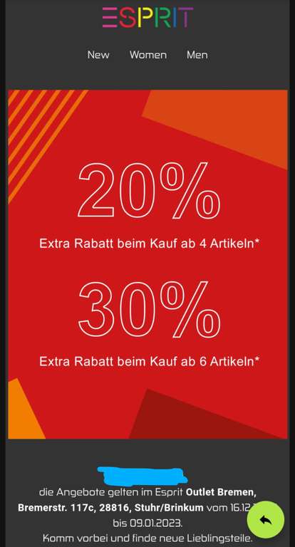 [Lokal / Bremen / Ratingen] Esprit Outlet - Sale Special - ab 4 Artikeln zusätzlich 20% ab 6 Artikeln 30%