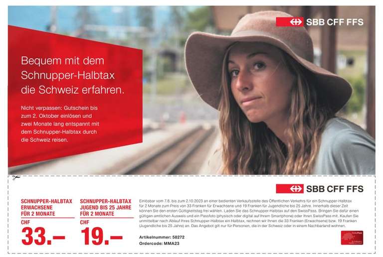 Schweiz 2 Monate nur 33 CHF und damit 50 % sparen- Schnupper-Halbtax gültig für Bahnstrecken der SBB, (Seil-)Bahnen, Schiff, Bus, ...