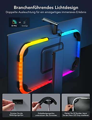 Govee DreamView G1 Pro Gaming Light, Neon LED Strip & Lightbar mit Kamera, WiFi RGBIC Hintergrundbeleuchtung für 24-32 Zoll PC, Alexa & App