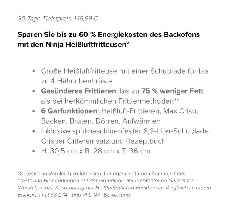 Ninja Heißluftfritteuse Max Pro 6,2 L AF180EU airfryer mit CB Gutschein