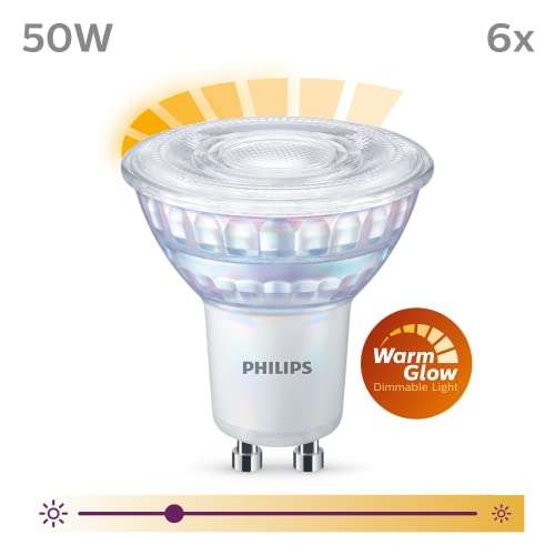 [Prime] Philips LED Classic WarmGlow GU10 Lampe ersetzt 50W, 6-er Pack, 2200-2700 K, 345 lm, Modell: ‎929002065733