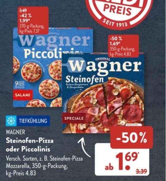 Wagner Steinofen Pizza für effektiv 1,19€ statt 1,69€ mit ALDI Süd und Marktguru (Alternativ bei Kaufland, Netto, Penny)