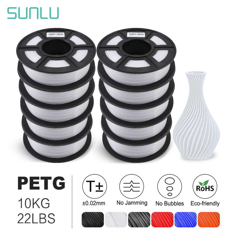 Sunlu PETG 1.75mm 10kg 10 Rollen a 1kg 10,52EUR/Rolle schwarz weiß Aliexpress