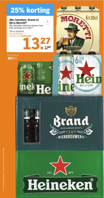 [GRENZGÄNGER NL - Albert Heijn] 25% auf Heineken, Moretti- & Brand-Pils z.B. 24 Dosen für 16,87€ (ohne Pf.) oder Kiste für 17,17€ (mit Pf.)