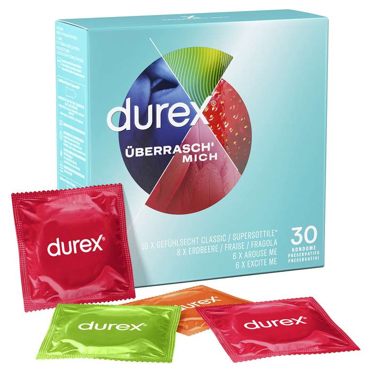 Durex Überrasch Mich Kondome-Mix – Mixpack mit 4 Kondom-Sorten, verschiedene Größen & Passformen 30 Stück (Prime Spar-Abo)